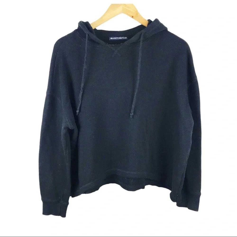 Brandy Melville Hoodie Black Oversized Cropped Raw Hem Sweatshirt Womens OS
